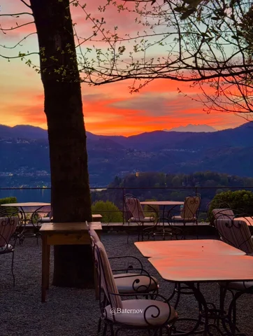 Terrace tables beneath a tree at sunset