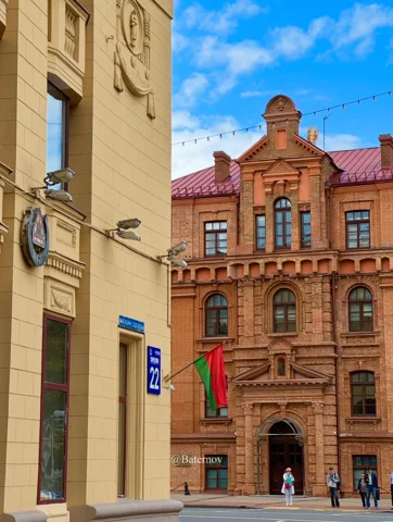 Historic brick and stone facades along a street