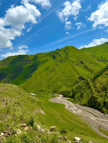 Pale riverbed winding between green mountain slopes