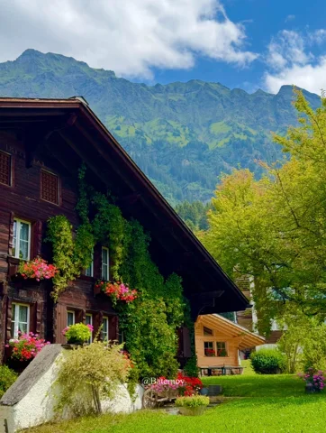 Wooden chalet and garden beneath a green mountain wall