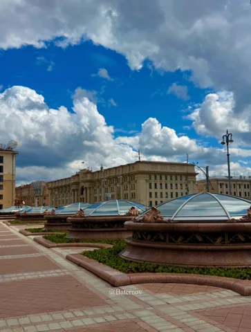 Broad square beneath bright clouds