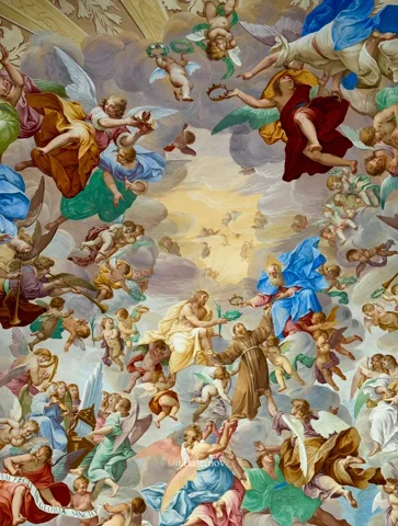 Painted ceiling filled with colourful figures