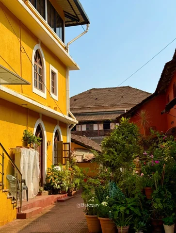 Warm-coloured village buildings beside a garden