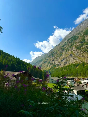 Chalets in a narrow valley between wooded mountains