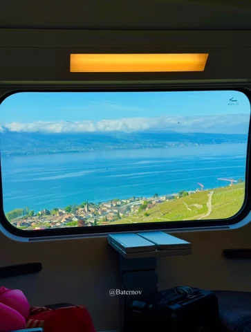 Lake panorama through a train window