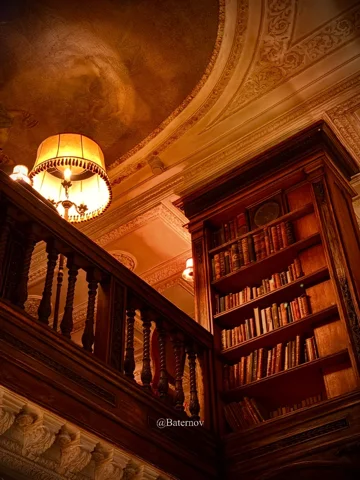 Warmly lit staircase beside bookshelves