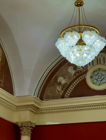 Chandelier beneath an ornate arched ceiling