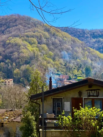 House beneath a wooded hillside in autumn