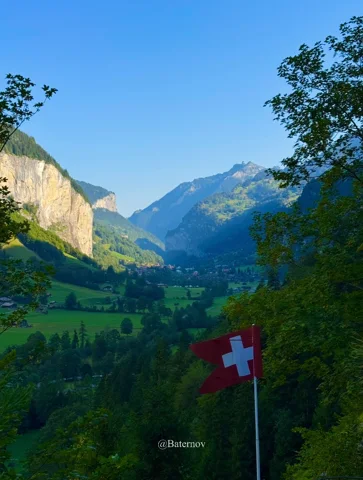 Swiss flag beside a wooded valley and limestone cliffs